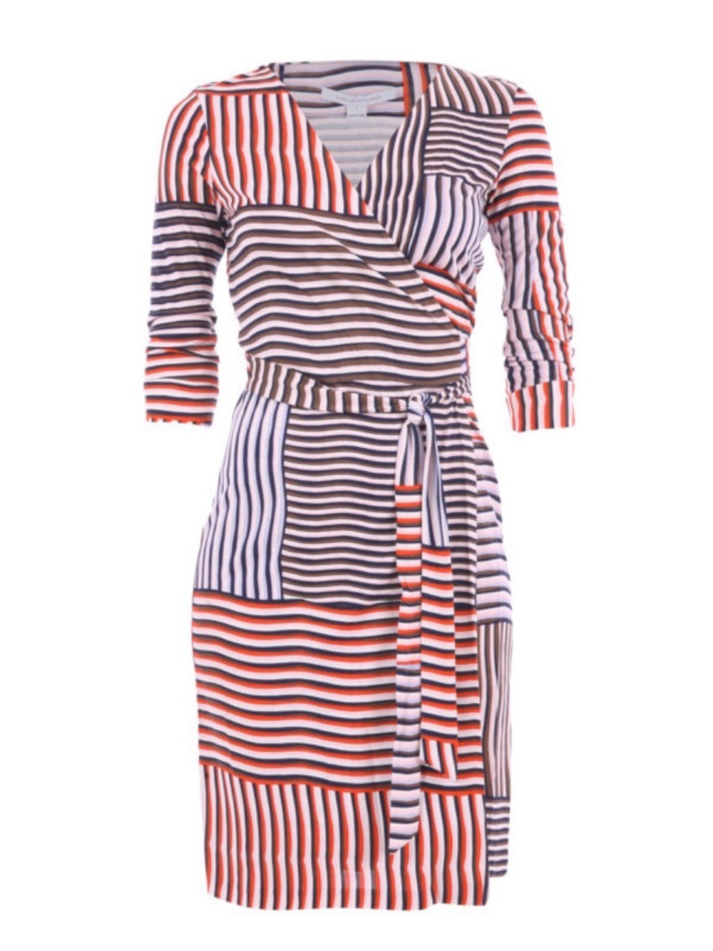 Diane Von Furstenberg Multi-Striped Wrap Midi Dress in Navy, White & Orange - Picture 3 of 9